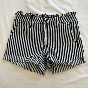 Striped navy and beige/white high waist cuff denim shorts